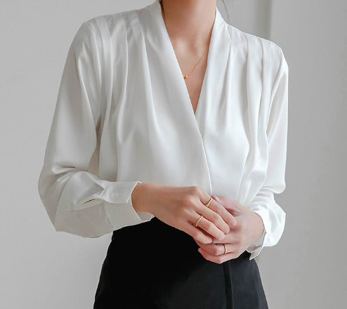 Kvinnors Sidenwrap Blus Med Draperade Långa Ärmar