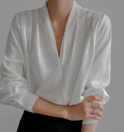 Kvinnors Sidenwrap Blus Med Draperade Långa Ärmar