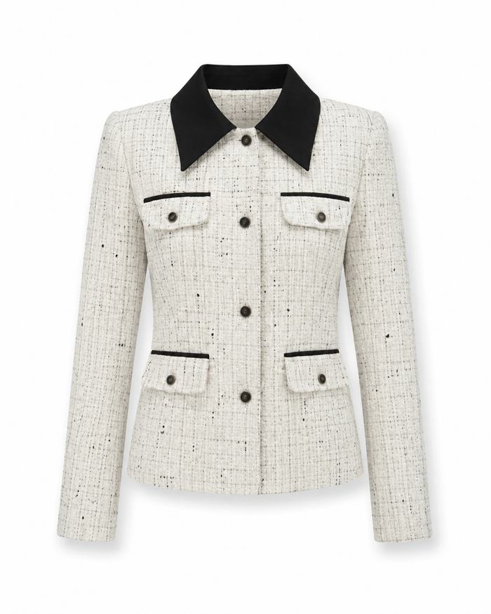 Kvinnors Tweed-Stil Jacka – Kontrast-Krage Knäppt Lager för Kontor och Smart Casual Klädsel