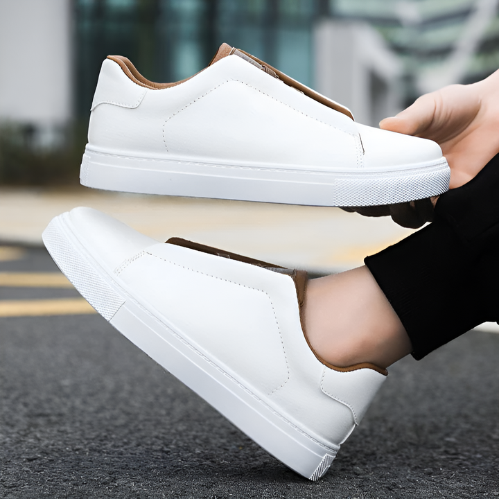 Herrens Släta Läder Elastiska Snörning Tjock Sula Sneakers