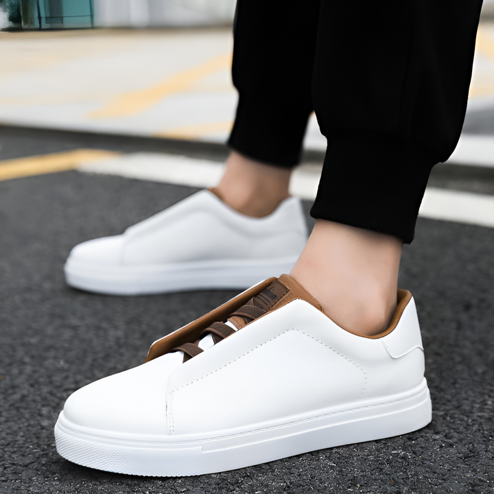 Herrens Släta Läder Elastiska Snörning Tjock Sula Sneakers