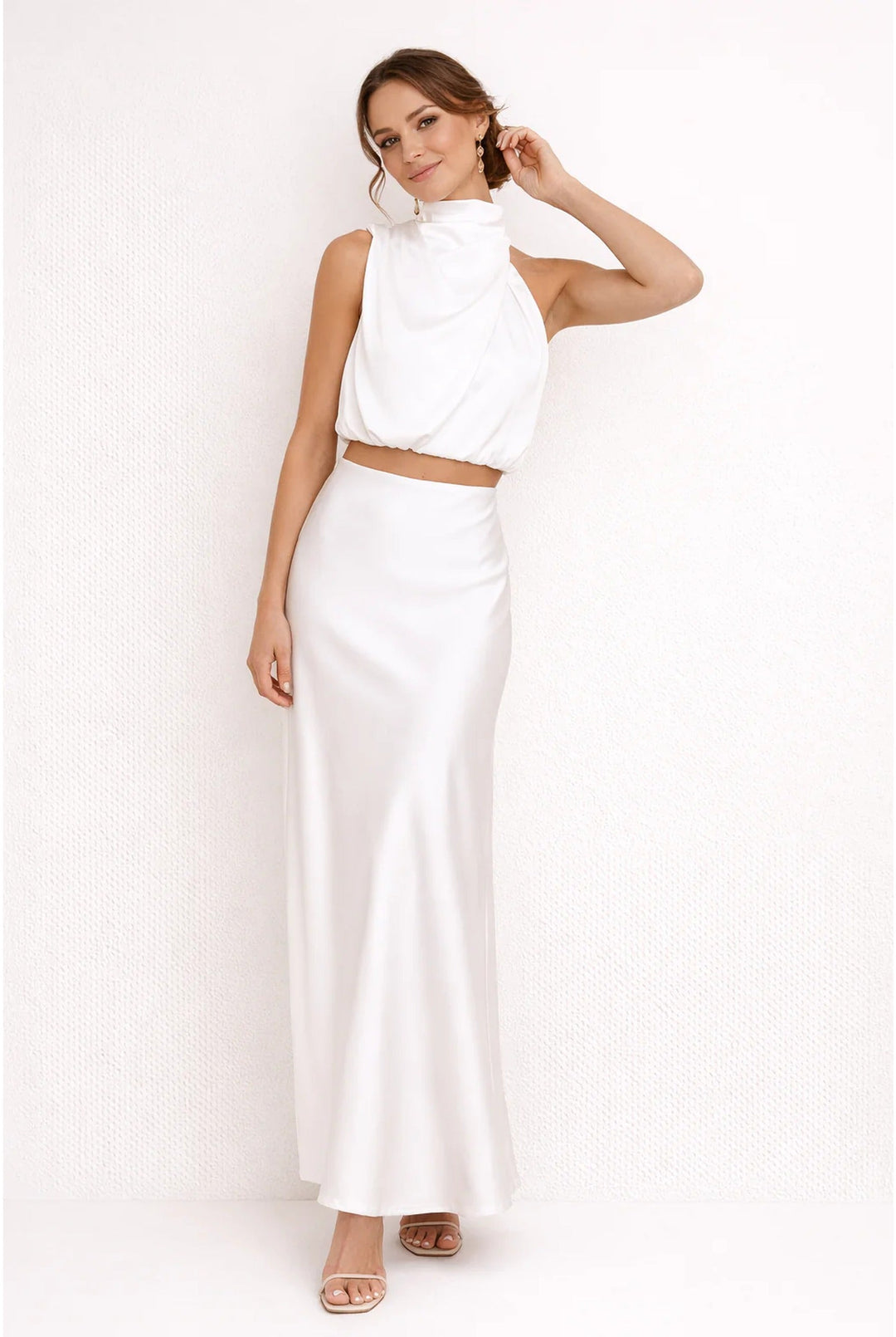 Kvinnors Siden Halterneck Top och Maxi Kjol Set