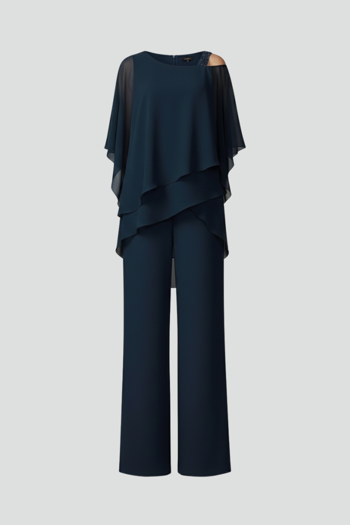 Kvinnors Eleganta Tillställnings Jumpsuit – Vid Benstil med Lagerdetalj för Kalla Axlar