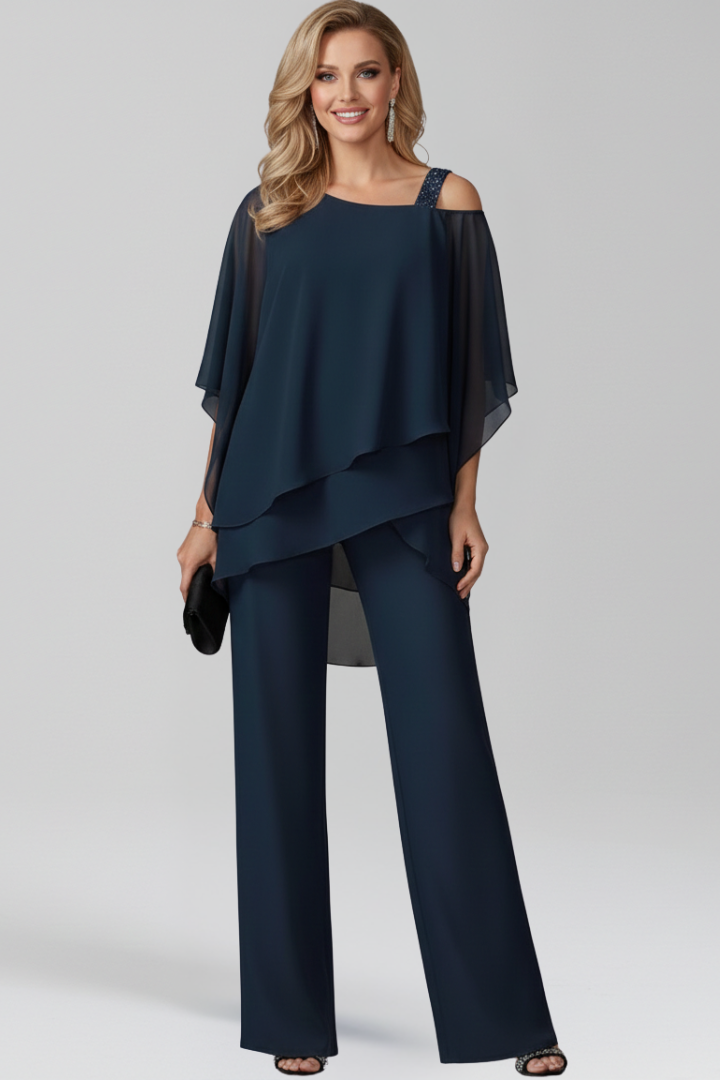 Kvinnors Eleganta Tillställnings Jumpsuit – Vid Benstil med Lagerdetalj för Kalla Axlar