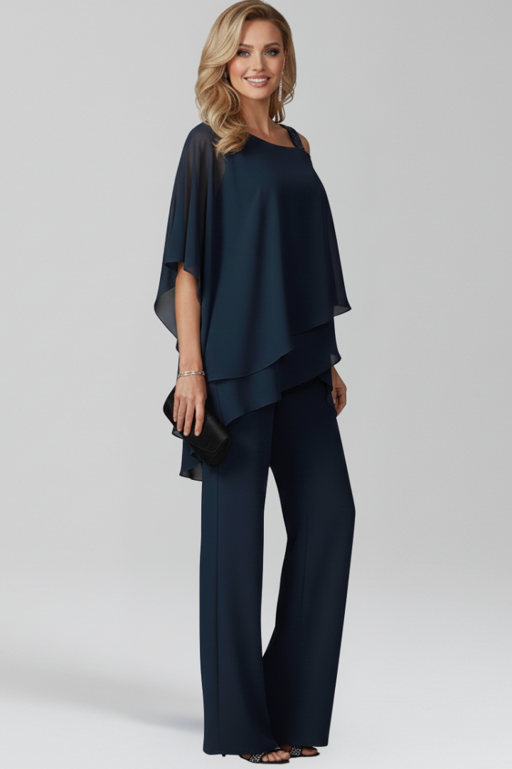 Kvinnors Eleganta Tillställnings Jumpsuit – Vid Benstil med Lagerdetalj för Kalla Axlar