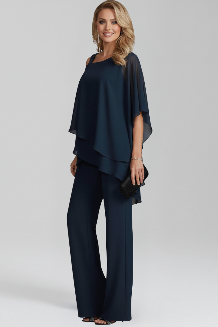 Kvinnors Eleganta Tillställnings Jumpsuit – Vid Benstil med Lagerdetalj för Kalla Axlar