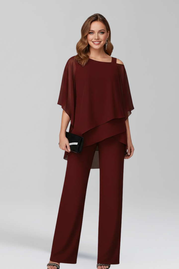Kvinnors Eleganta Tillställnings Jumpsuit – Vid Benstil med Lagerdetalj för Kalla Axlar