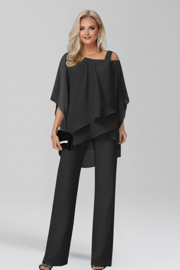 Kvinnors Eleganta Tillställnings Jumpsuit – Vid Benstil med Lagerdetalj för Kalla Axlar