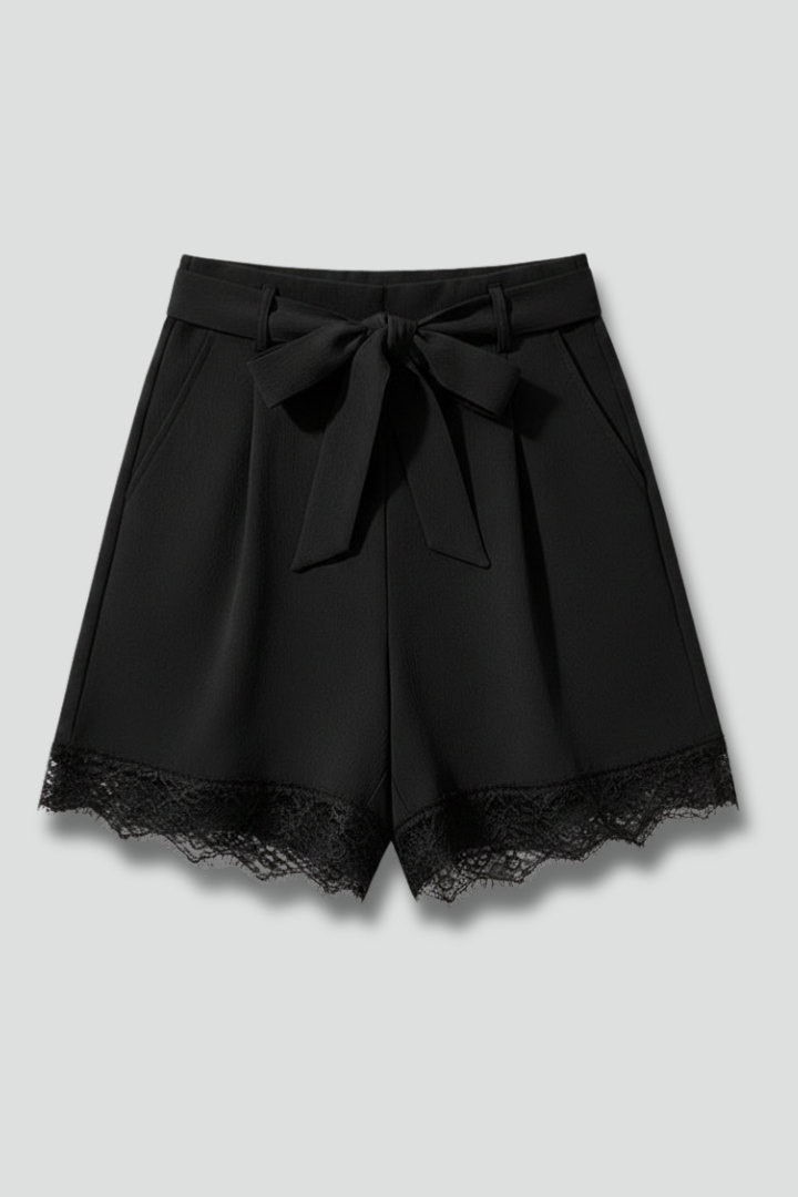 Kvinnors Högmidjade Shorts med Spetsdetaljer – Knyt-bälte Sommarbyxor för Smart Casual Stil