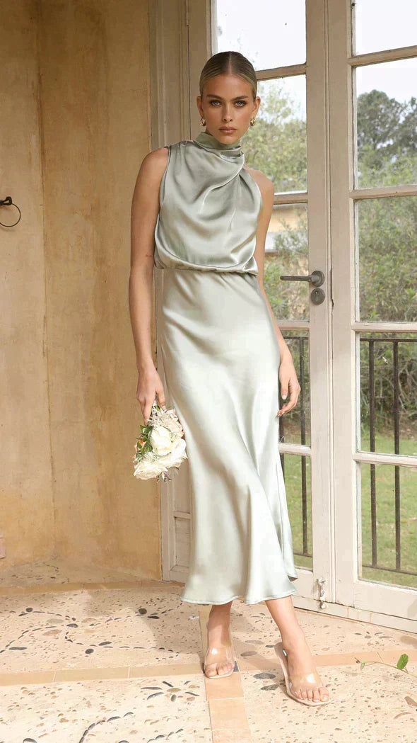 Kvinnors Halterneck Satin Midi Klänning – Draperad Bröllopsgäst och Kvällsstil