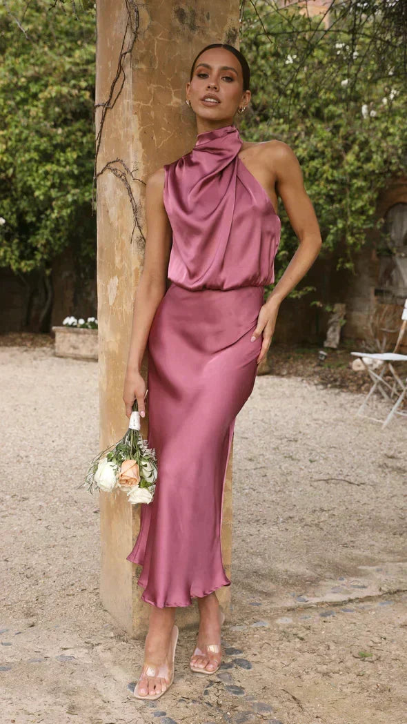 Kvinnors Halterneck Satin Midi Klänning – Draperad Bröllopsgäst och Kvällsstil