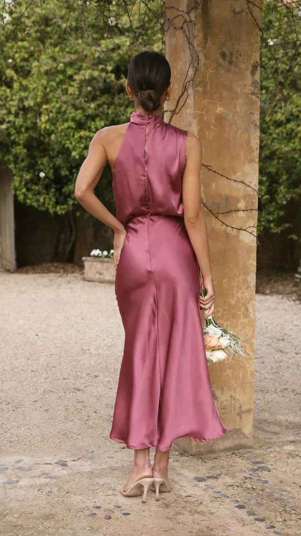Kvinnors Halterneck Satin Midi Klänning – Draperad Bröllopsgäst och Kvällsstil