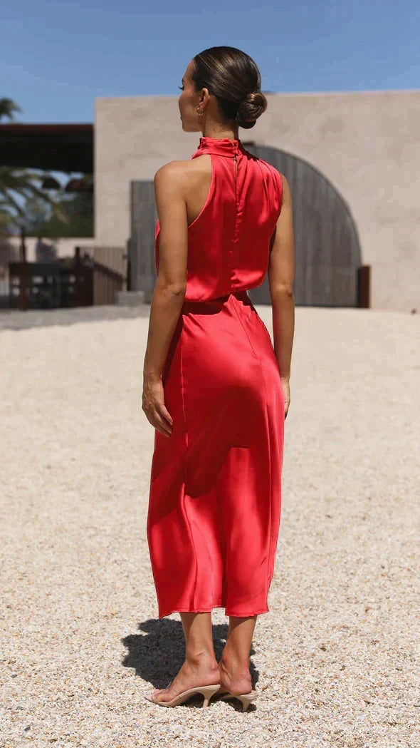 Kvinnors Halterneck Satin Midi Klänning – Draperad Bröllopsgäst och Kvällsstil