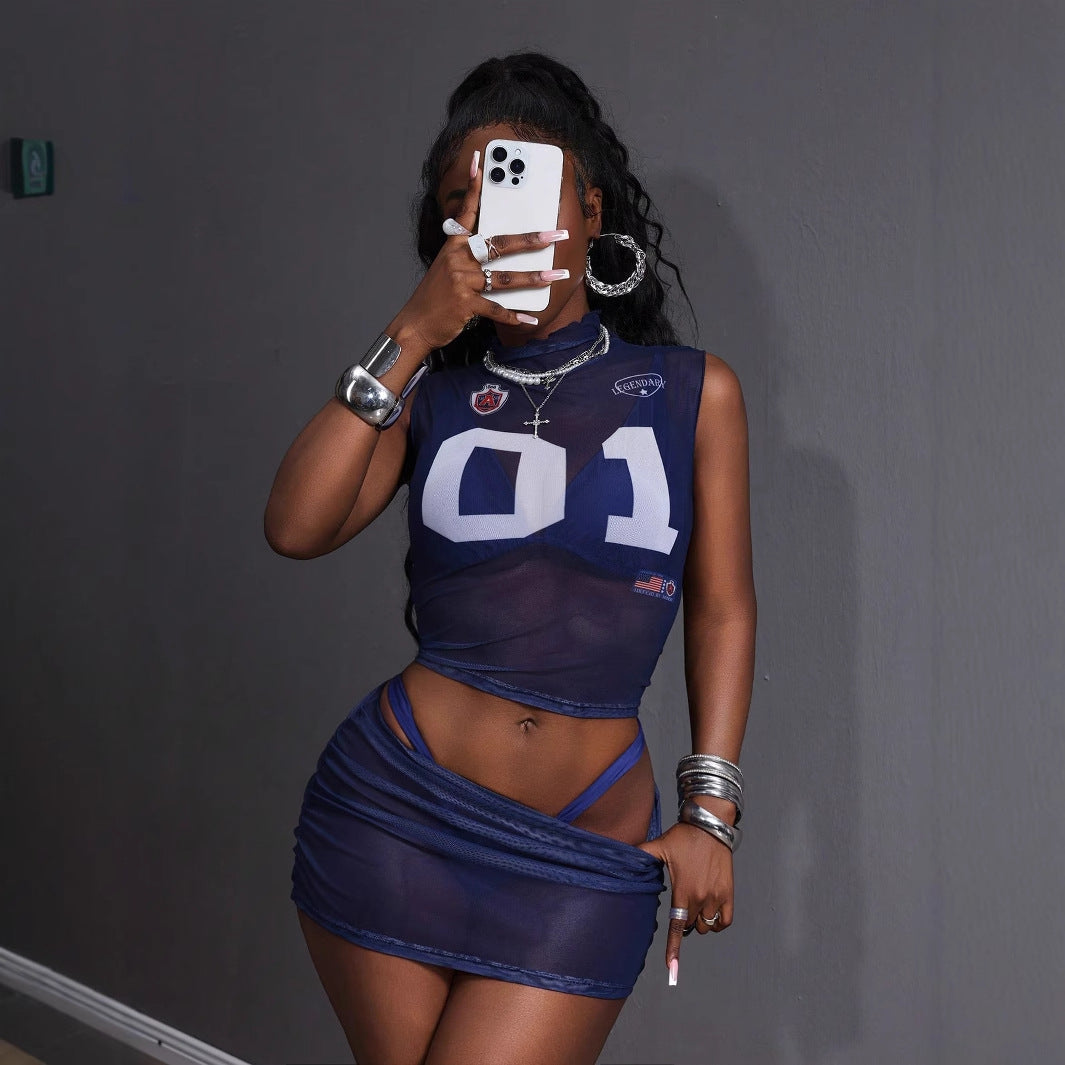 Kvinnors Tryckt Mesh Co Ord Set Crop Top Mini Kjol