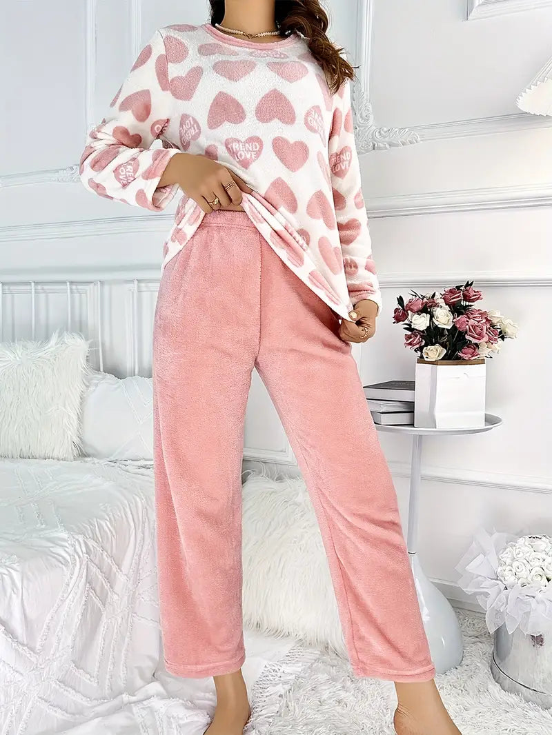 Kvinnors hjärttryck plush fleece långärmad lounge pyjamaset