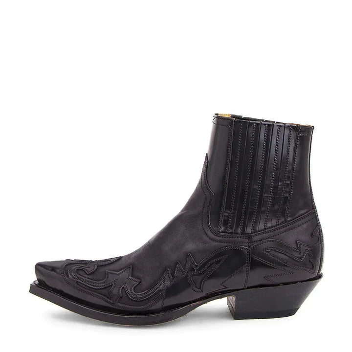 Herrskor i läder, cowboyboots, spetsig tå, västerländsk ankeldesign