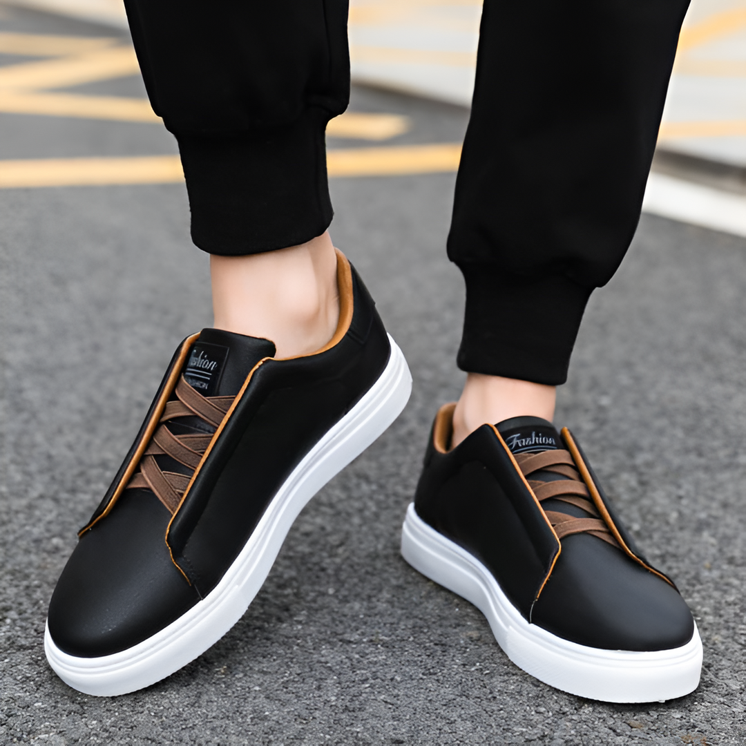 Herrens Släta Läder Elastiska Snörning Tjock Sula Sneakers
