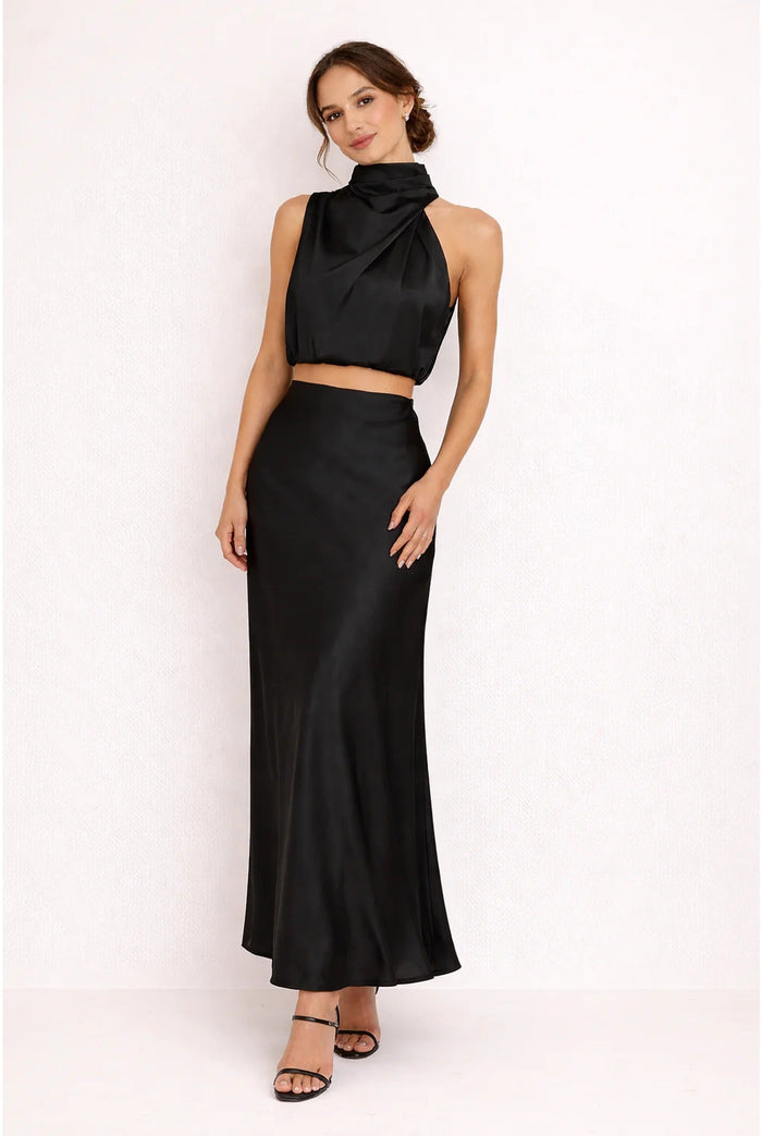 Kvinnors Siden Halterneck Top och Maxi Kjol Set