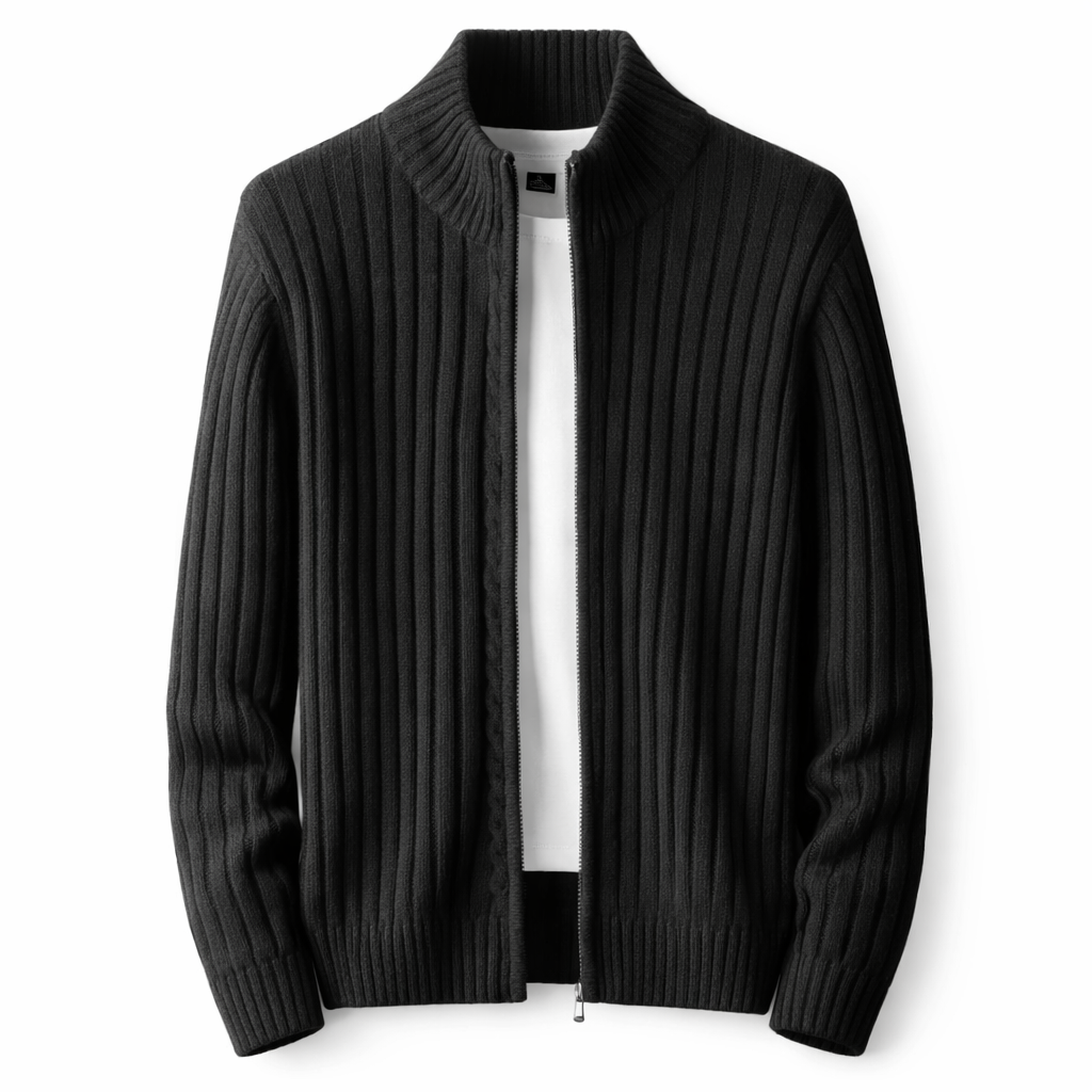 Mäns Ribbad Zip Cardigan Med Ståkrage Stickad Jacka