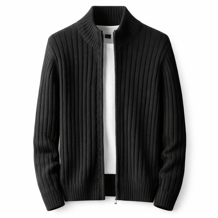 Mäns Ribbad Zip Cardigan Med Ståkrage Stickad Jacka