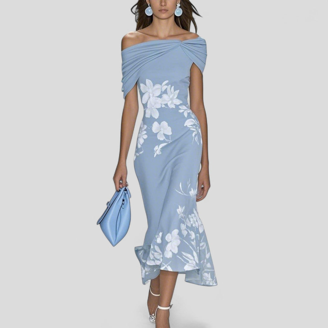 Kvinnors Off-Shoulder Blommig Midi Klänning Elegant Silhuett