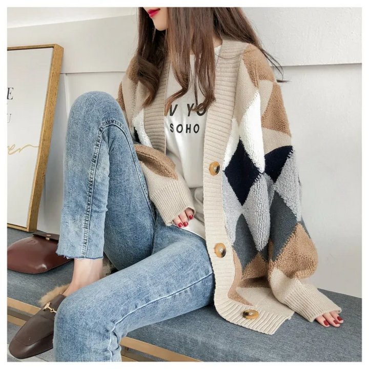 Kvinnors Tryckt Oversized Cardigan – Mjuk V-ringad Knapp-up Stickad för Höstlager
