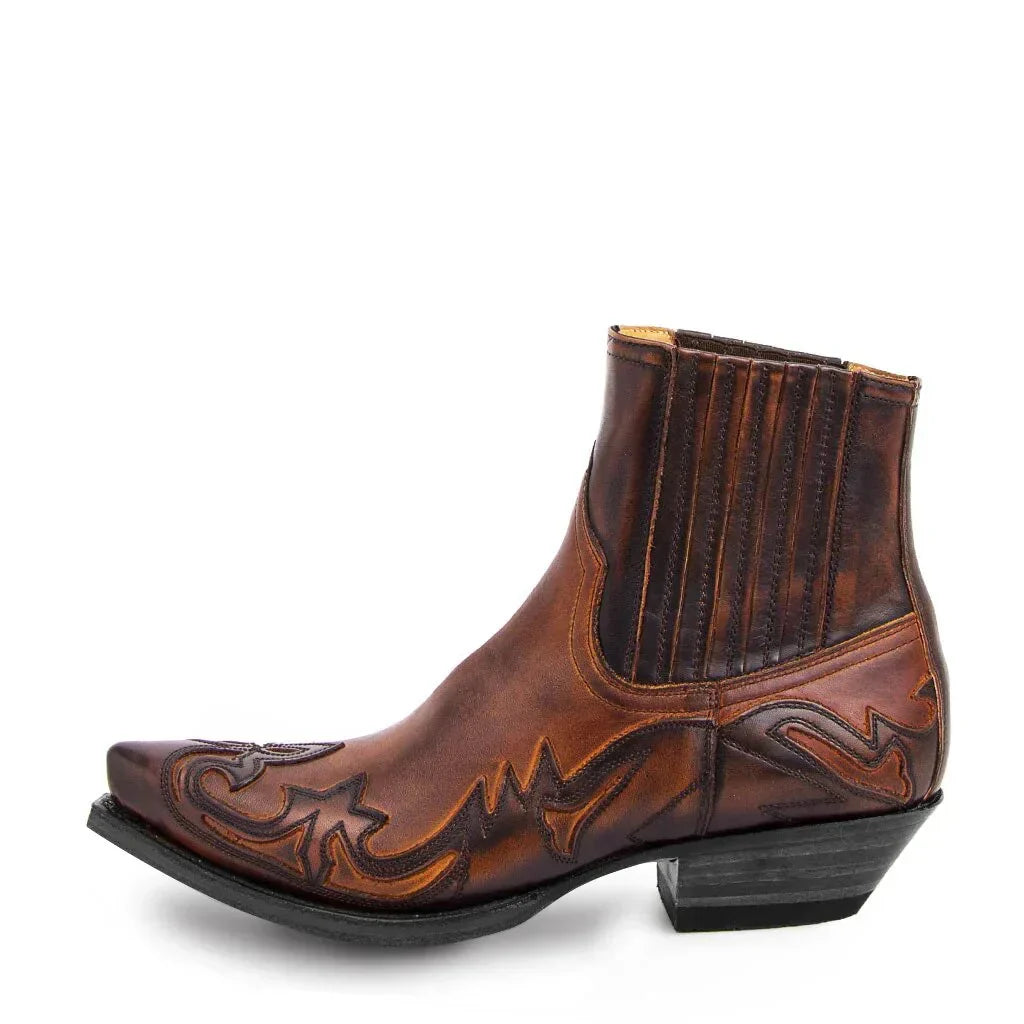 Herrskor i läder, cowboyboots, spetsig tå, västerländsk ankeldesign
