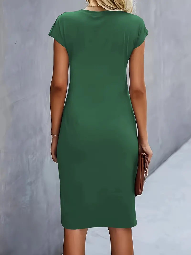 Kvinnors Rynkad Midja Bodycon Kortärmad Midi Klänning