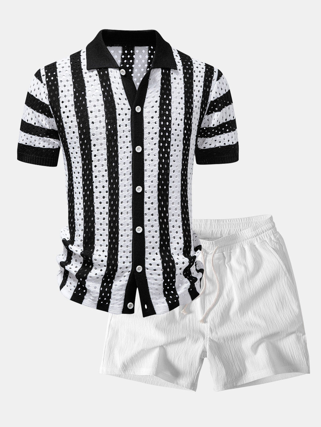 Herrarnas tryckta öppna stickade semester-set – Knappskjorta med krinklade shorts