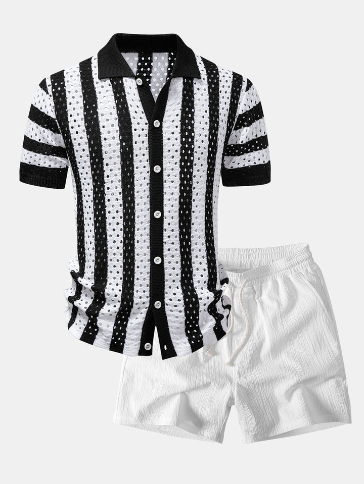 Herrarnas tryckta öppna stickade semester-set – Knappskjorta med krinklade shorts