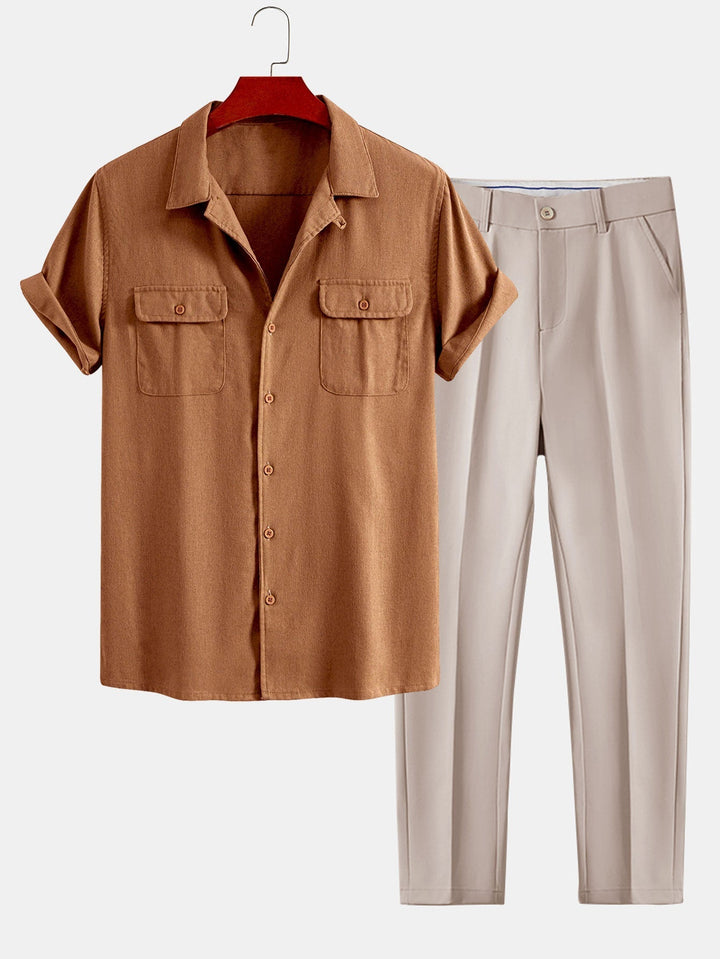 Herrars Avslappnade Sommar Skjorta och Byxor Set – Kubansk Krage Smart Casual Outfit