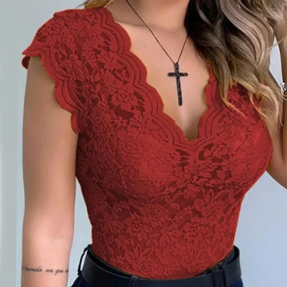 Kvinnors ärmlös spets V-ringad slim fit bodysuit