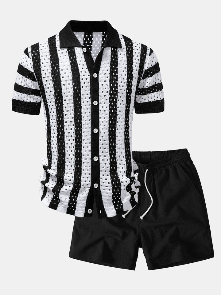 Herrarnas tryckta öppna stickade semester-set – Knappskjorta med krinklade shorts