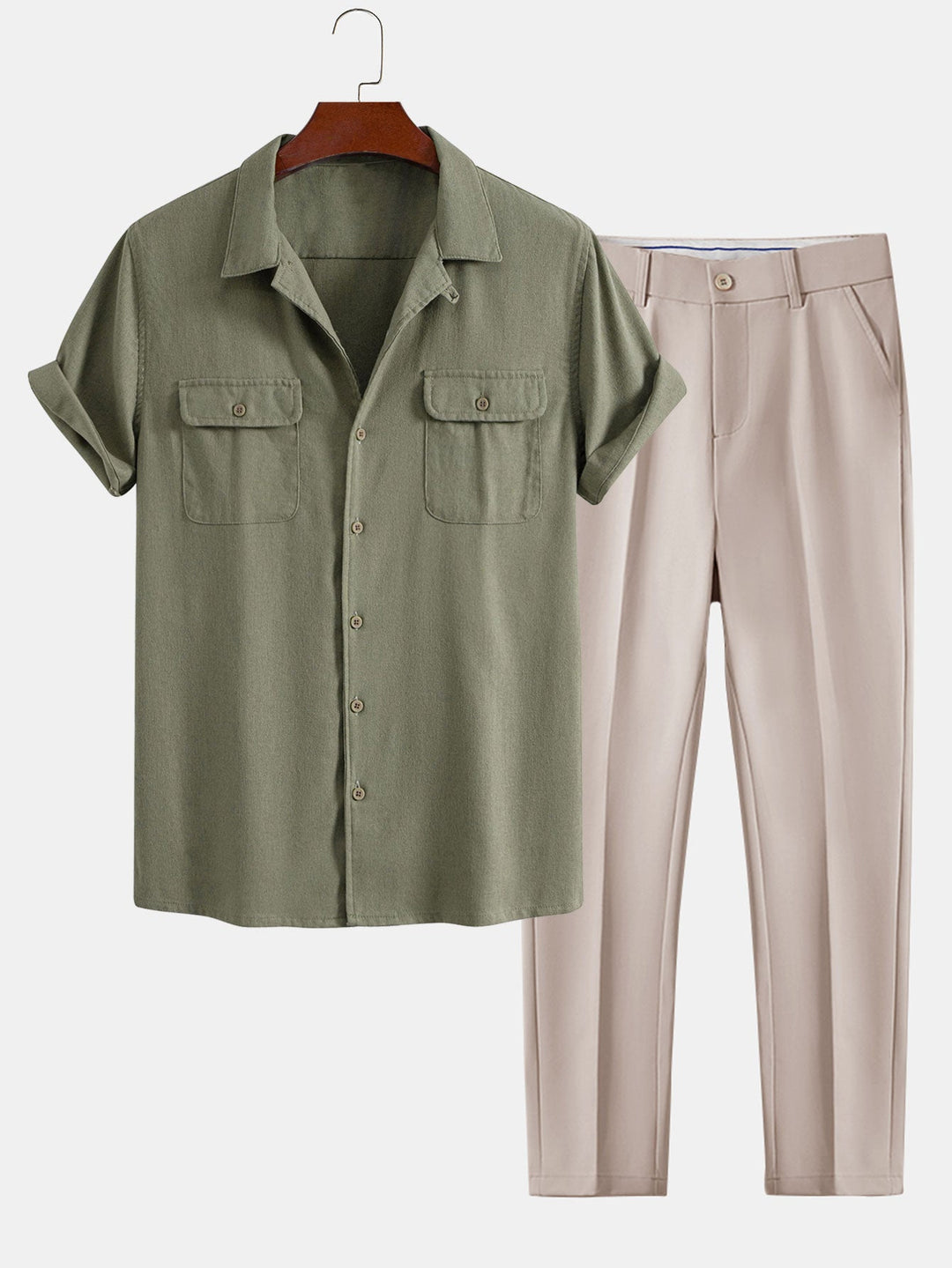 Herrars Avslappnade Sommar Skjorta och Byxor Set – Kubansk Krage Smart Casual Outfit