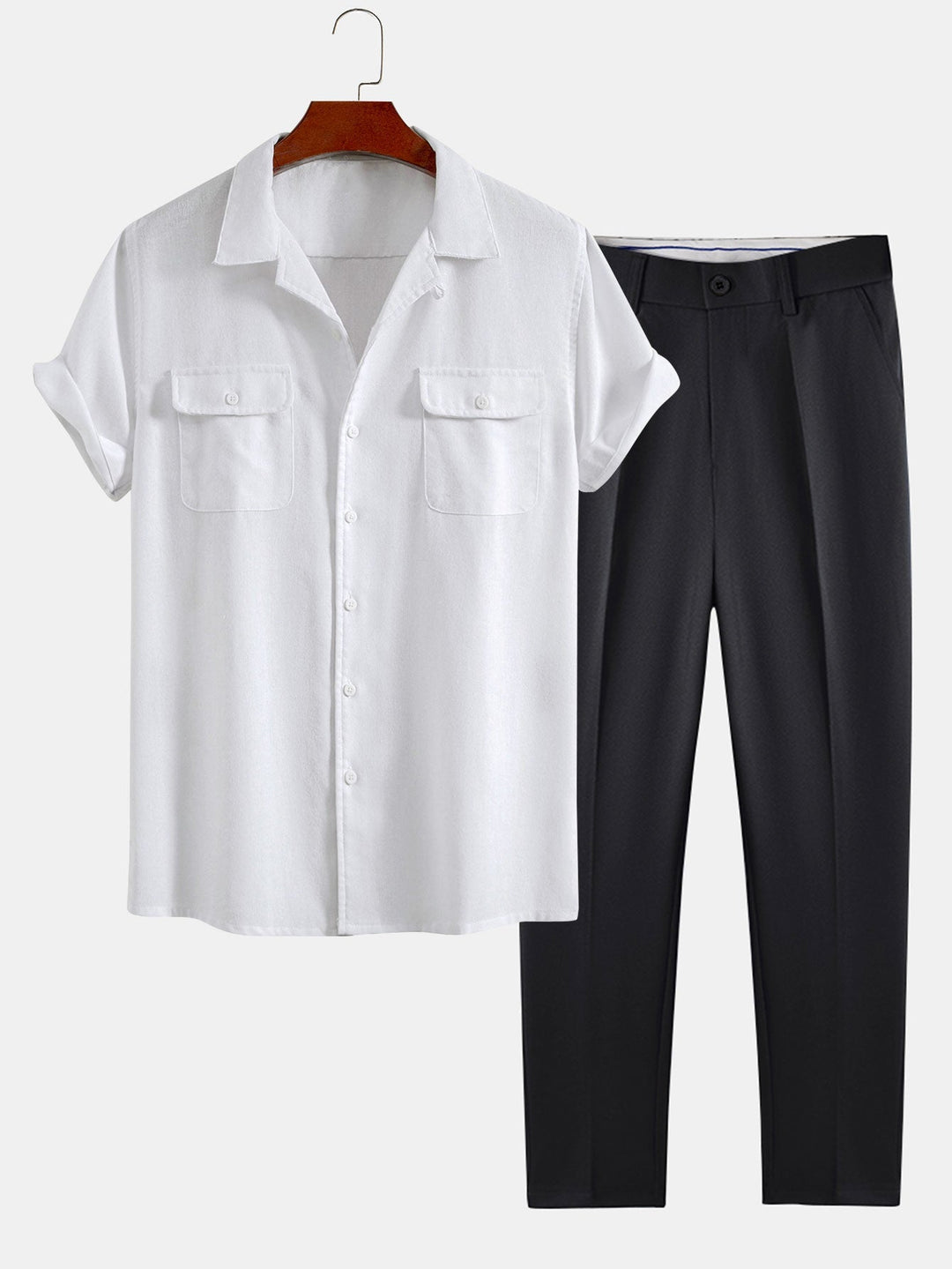 Herrars Avslappnade Sommar Skjorta och Byxor Set – Kubansk Krage Smart Casual Outfit