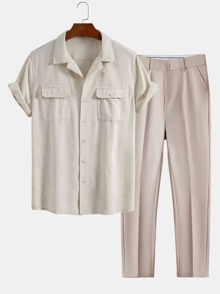 Herrars Avslappnade Sommar Skjorta och Byxor Set – Kubansk Krage Smart Casual Outfit