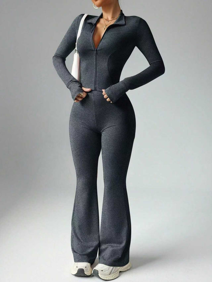 Kvinnors Zip Front Activewear Set Flared Trouser Fit