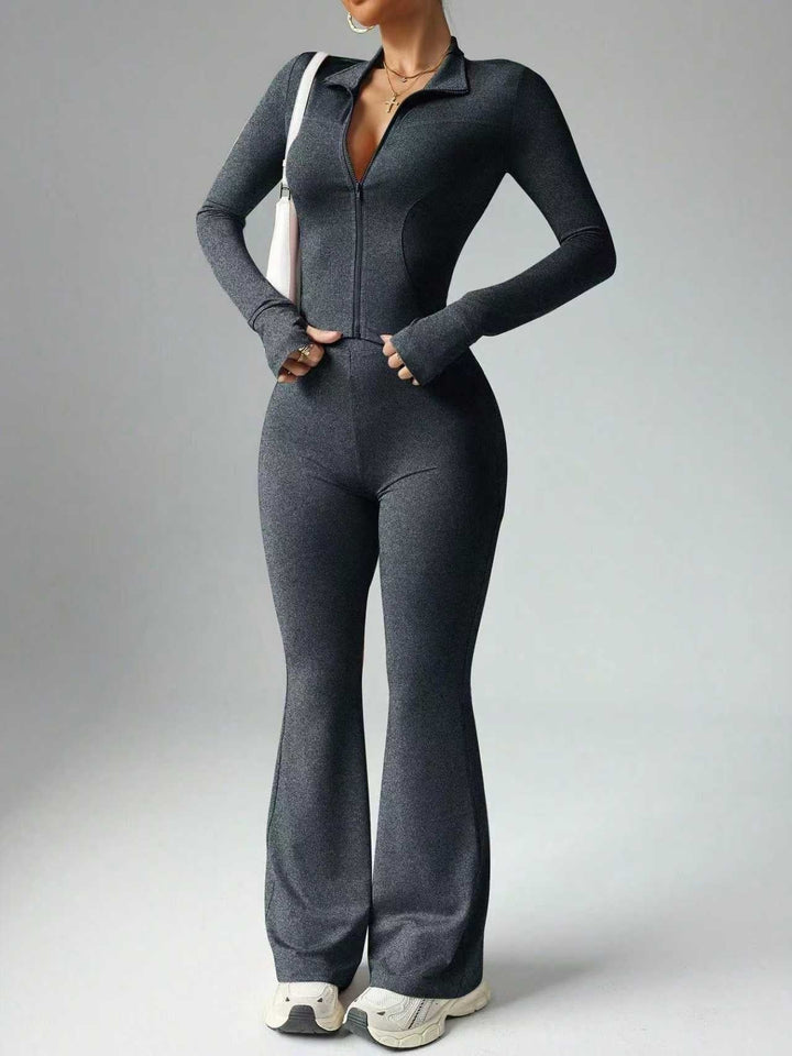 Kvinnors Zip Front Activewear Set Flared Trouser Fit