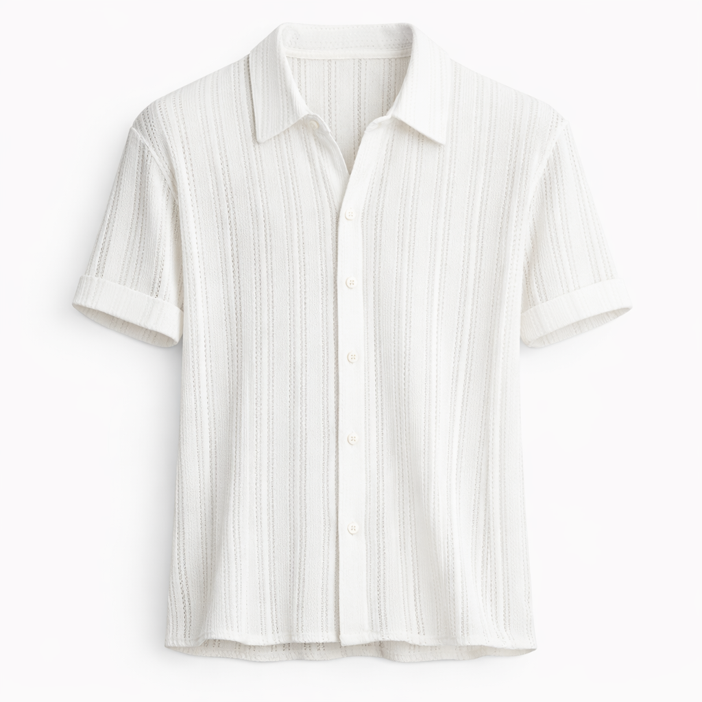 Herrstickad polo skjorta med texturerad vertikal rand, sommartopp