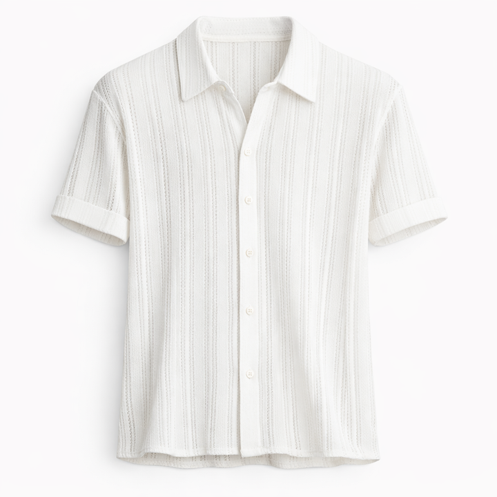 Herrstickad polo skjorta med texturerad vertikal rand, sommartopp