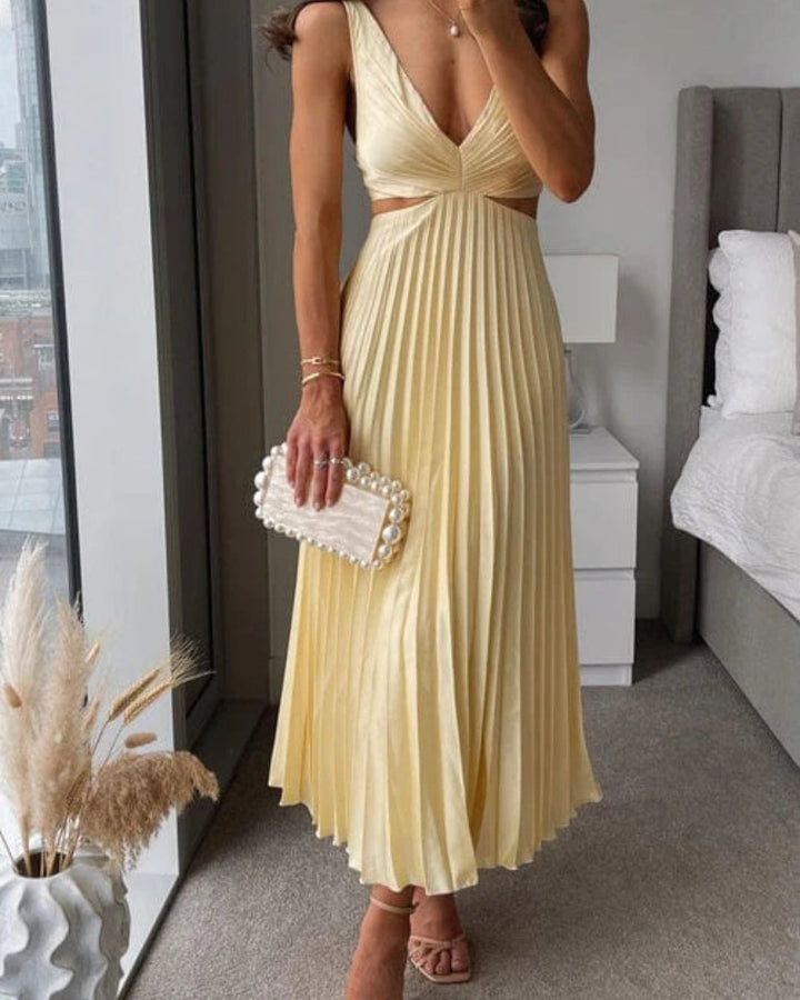 Kvinnors Plisserad Cut-Out Midi Klänning – V-ringad Bröllopsgäst Stil för Eleganta Evenemang