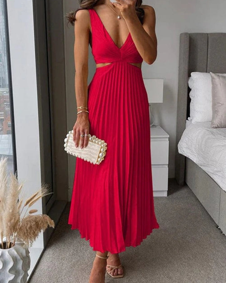 Kvinnors Plisserad Cut-Out Midi Klänning – V-ringad Bröllopsgäst Stil för Eleganta Evenemang