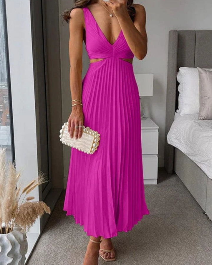 Kvinnors Plisserad Cut-Out Midi Klänning – V-ringad Bröllopsgäst Stil för Eleganta Evenemang