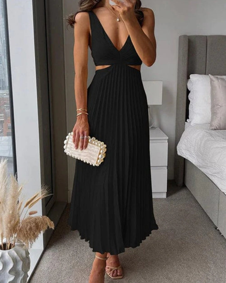 Kvinnors Plisserad Cut-Out Midi Klänning – V-ringad Bröllopsgäst Stil för Eleganta Evenemang