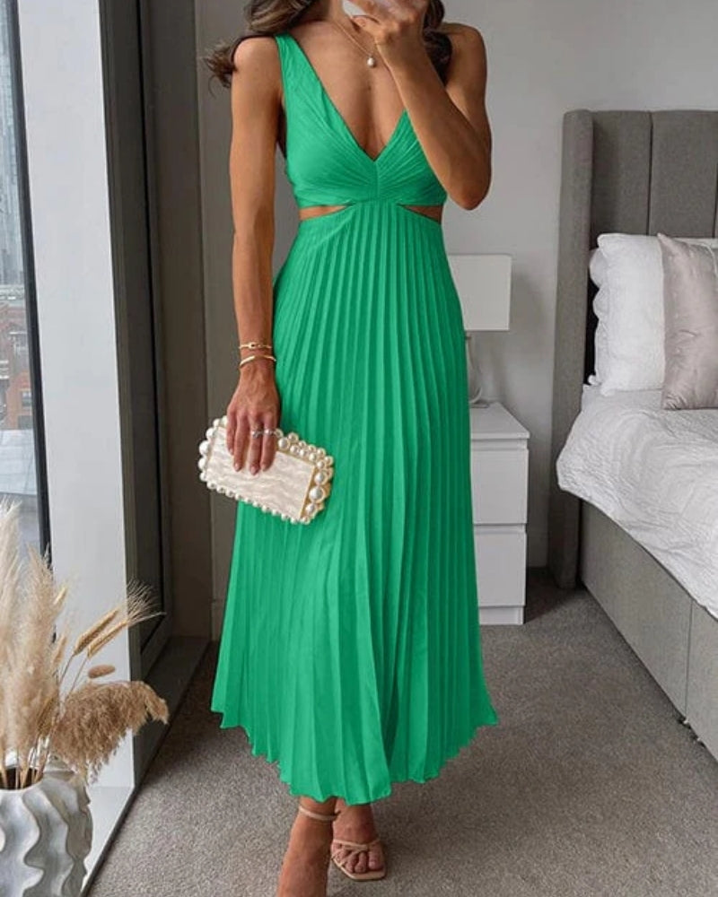 Kvinnors Plisserad Cut-Out Midi Klänning – V-ringad Bröllopsgäst Stil för Eleganta Evenemang