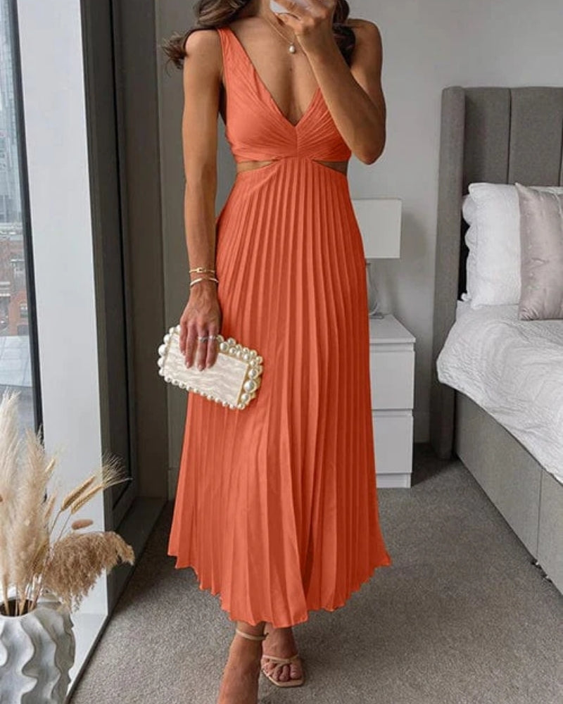 Kvinnors Plisserad Cut-Out Midi Klänning – V-ringad Bröllopsgäst Stil för Eleganta Evenemang
