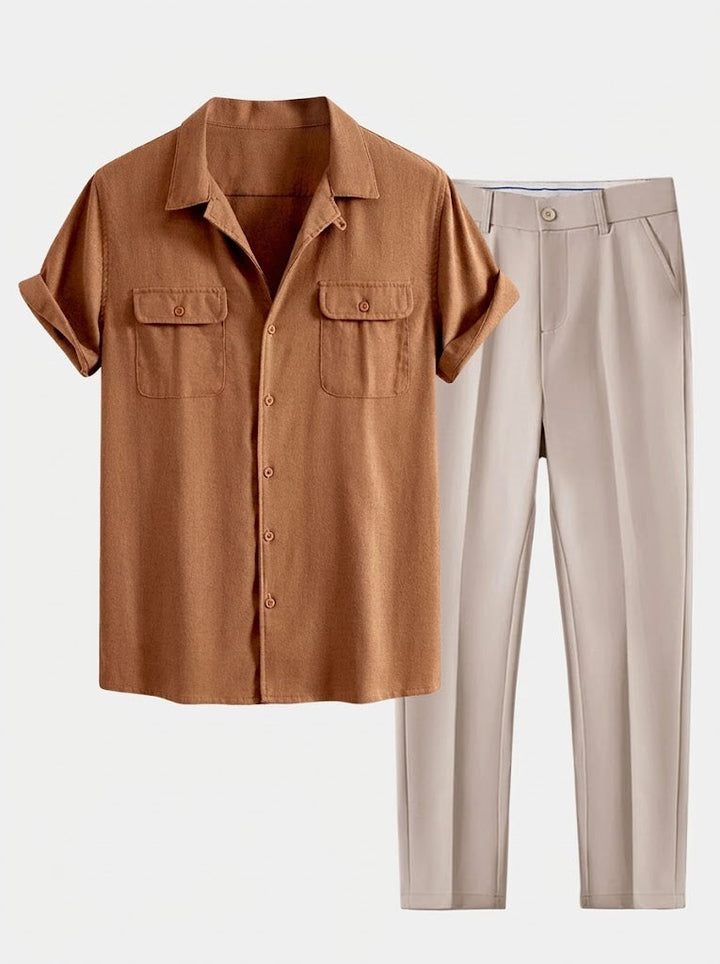 Herrars Avslappnade Sommar Skjorta och Byxor Set – Kubansk Krage Smart Casual Outfit