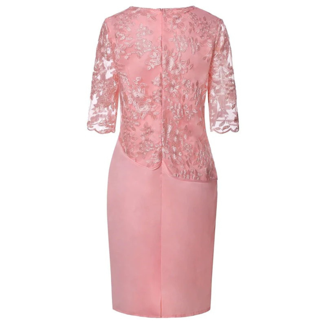 Kvinnors Broderad Midi Aftonklänning – Spetsärmstil för Fester och Evenemang