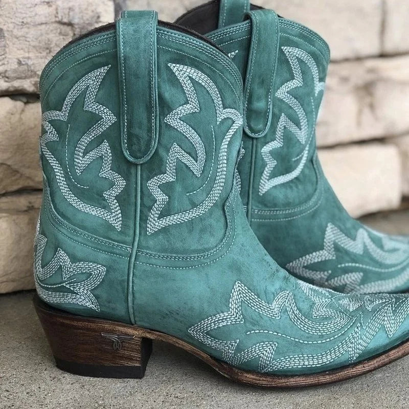 Kvinnors Western Ankelstövlar – Broderad Cowboystil med Klack