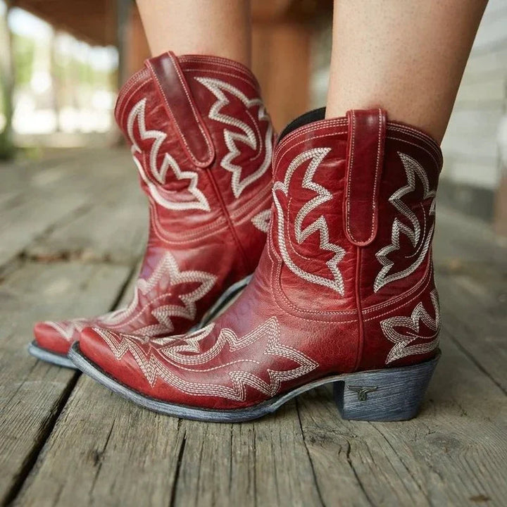 Kvinnors Western Ankelstövlar – Broderad Cowboystil med Klack